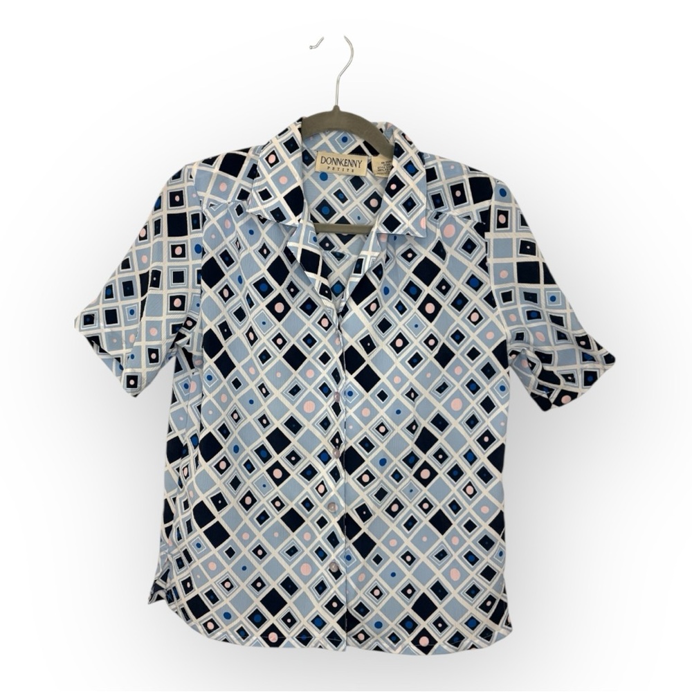Vintage Donnkenny Geometric Print Button Up Top 90s Mod Retro Petite Small